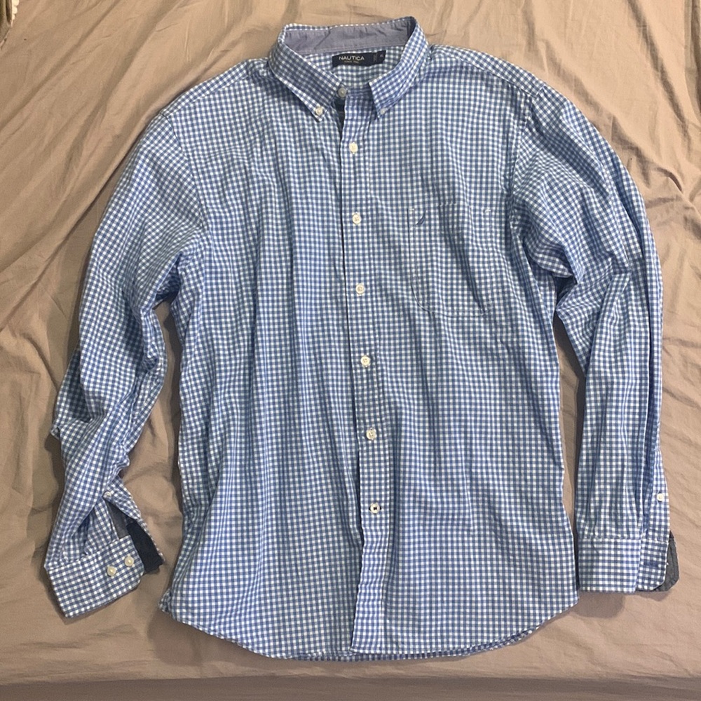 Nautica Blue / White Gingham Plaid Long Sleeve Button Down XL